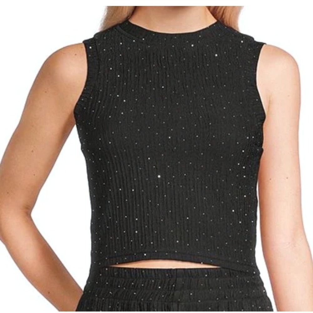 MOD REF Sleeveless Rhinestone Textured Crop Top Womens XS Black TMR0736-DD